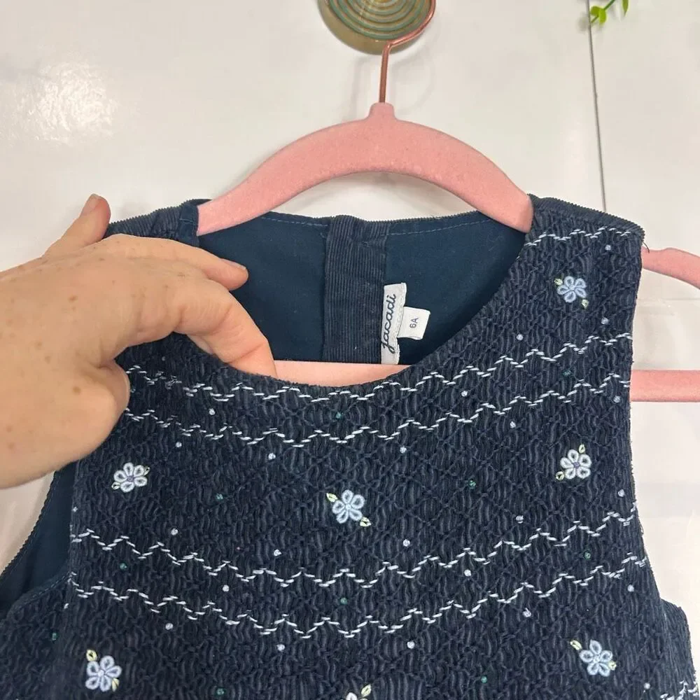 Jacadi Paris Dress Girls 6A Blue Embroidered Sleeveless Corduroy Cotton Smocked